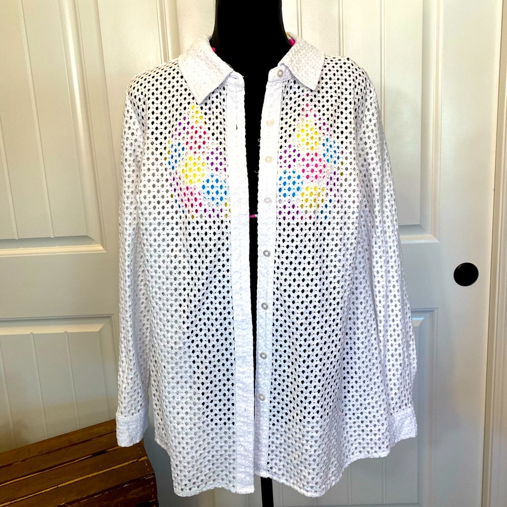 New!  Denim & Co White Button Up Long Sleeve Collared Coverup Shirt